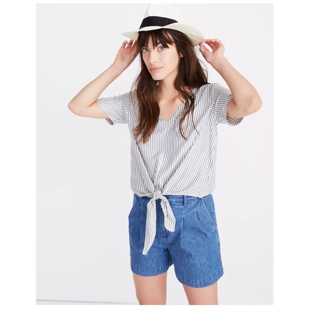 Madewell blue and white striped V-neck tie front top XS